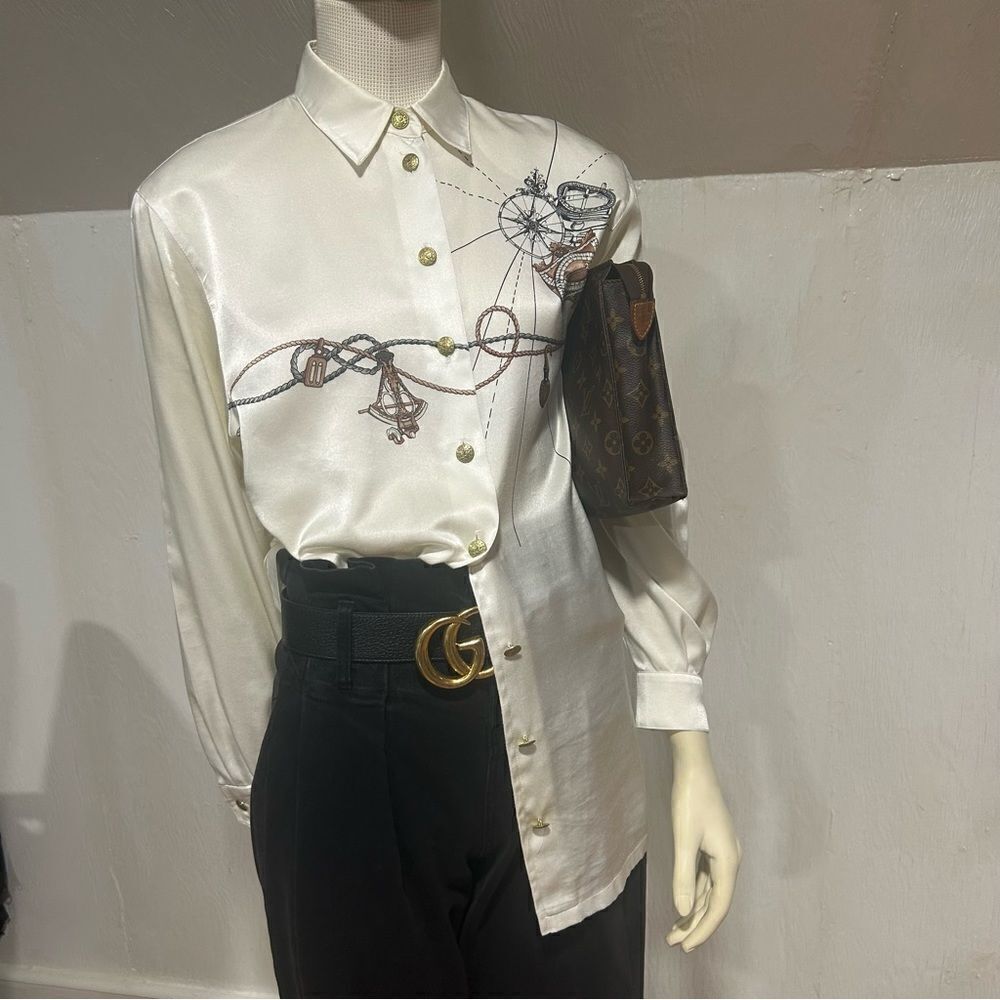 Horst Basler Vintage Shoulder Pads White Satin Blouse Chain Globe print - Picture 2 of 13